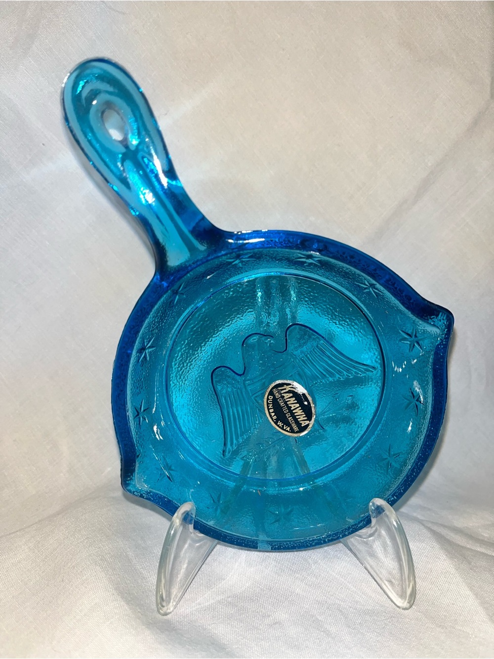 vintage Kanawha turquoise blue glass skillet-shaped ashtray